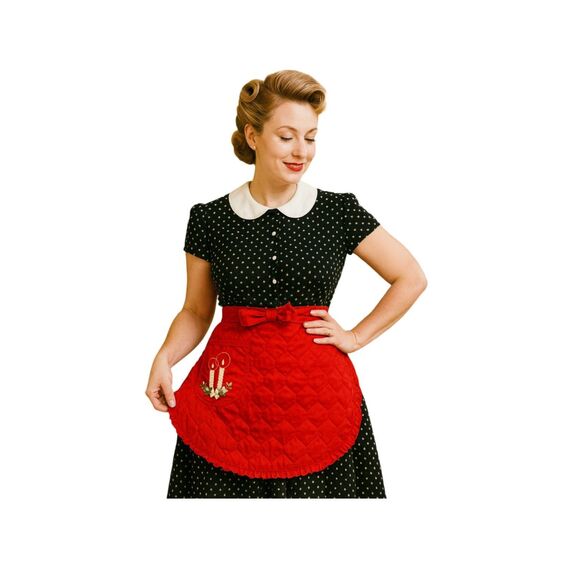 Vintage quilted red Christmas embroidered pocket apron. - Picture 1 of 7